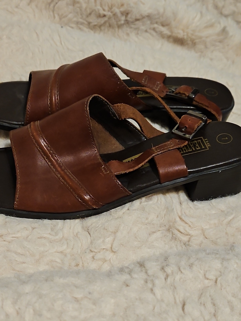 Women's Brown Leather Slide Sandals with Adjustable Buckle